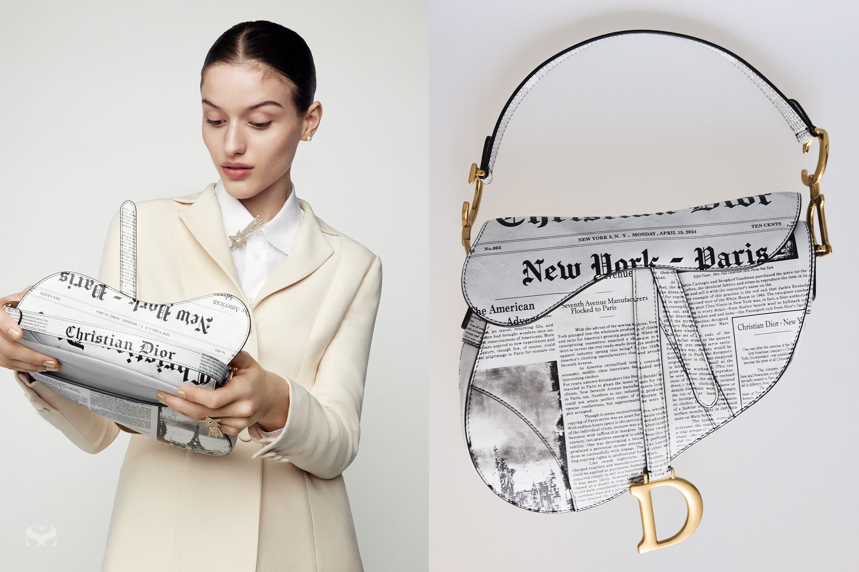 Dior’s Pre-Fall 24 accessories revisit icons (Galliano's 2000 Newsprint Saddle Bag)